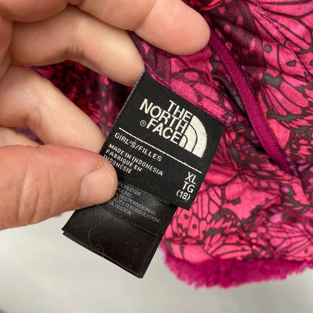 The North Face Reversible Mossbud Swirl Jacket Girls XL 18 Pink Butterfly Fleece